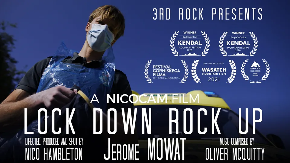 Poster for "Lock Down Rock Up", with a young man with short reddish-brown hair wearing a face mask and blue protective apron, holding equipment beside an ambulance, film festival laurels and credits overlaid.