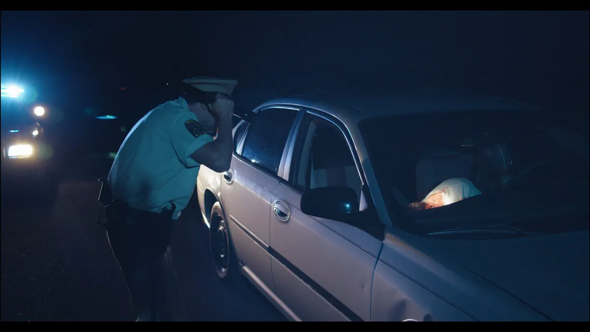 A police officer leans into a saloon car window at night, torchlight from headlamps behind, a passenger slumped inside.